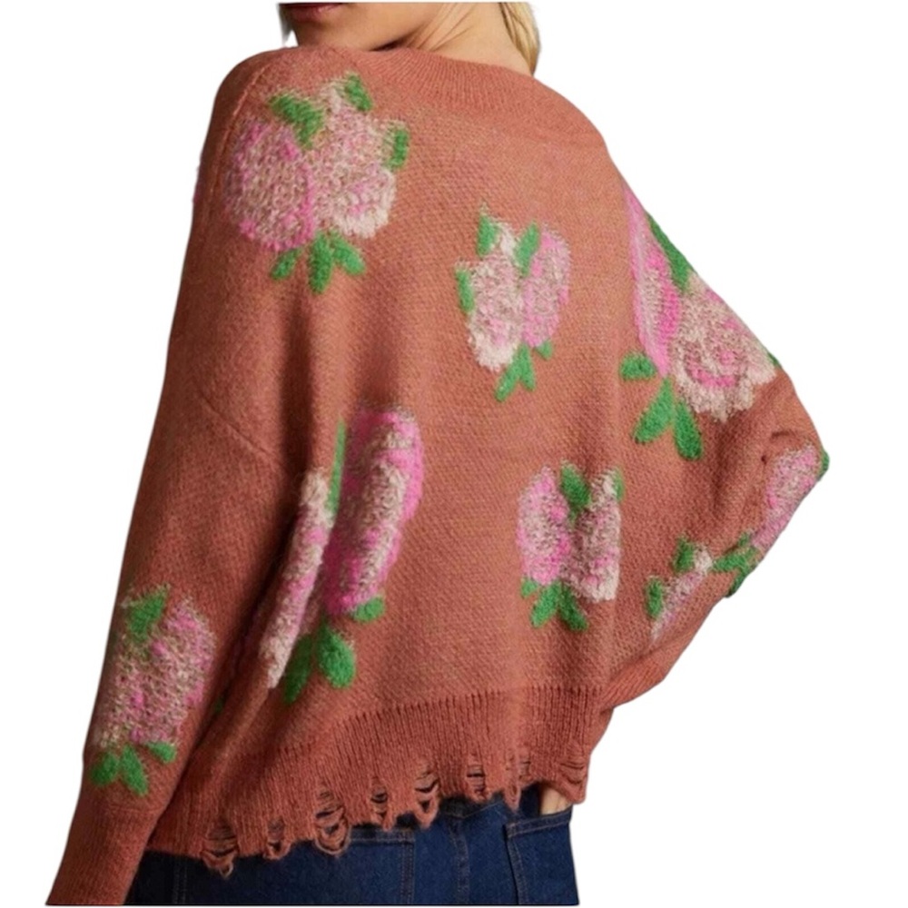 Anthropologie Rust Floral V-Neck Sweater with Pink & Green Accents - Picture 2 of 3
